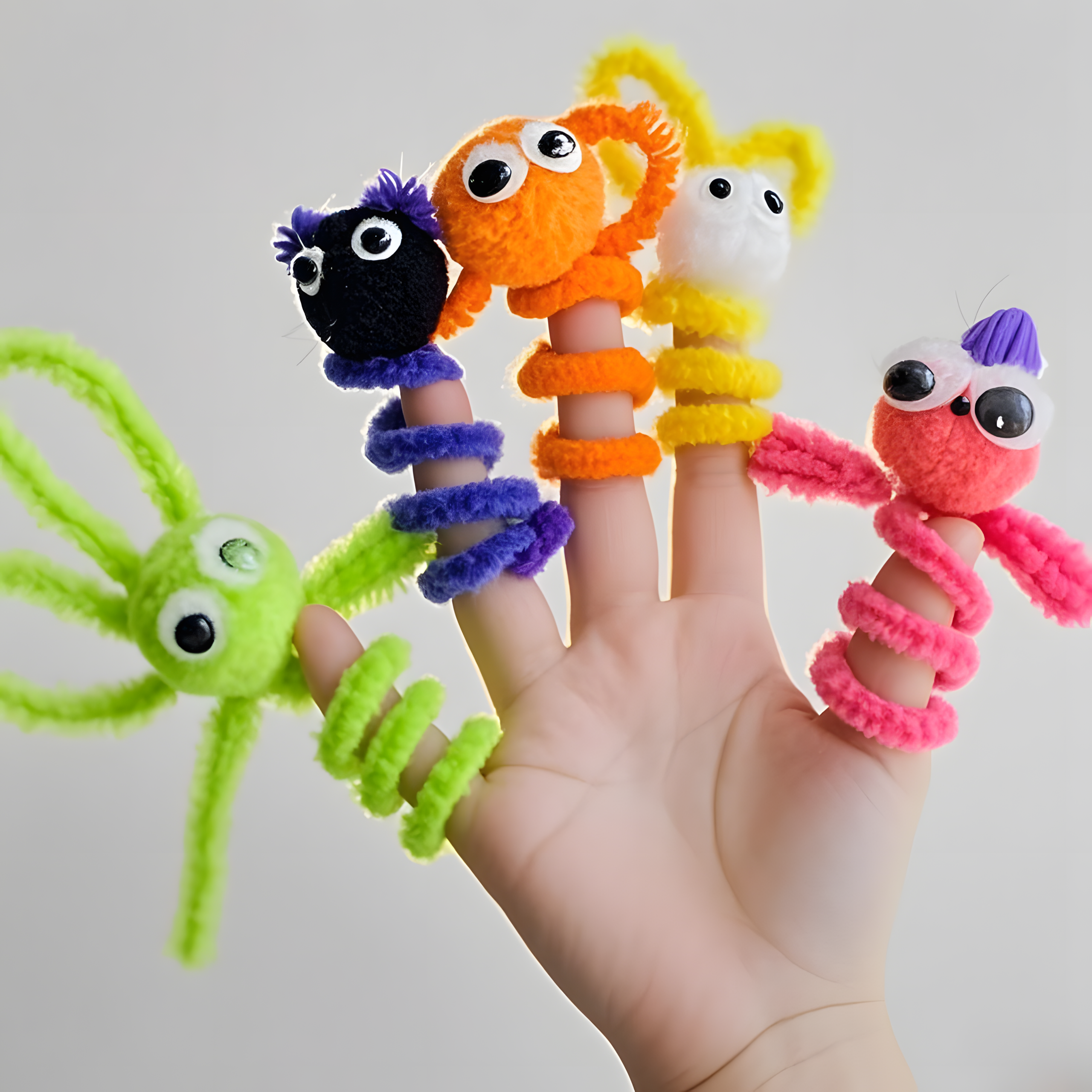 In this picture, there are five cute little dolls made of pipe cleaners on one hand. The pipe cleaners are rich in colors, including bright green, mysterious black, vibrant orange, pure yellow, and sweet pink. The pipe cleaners made by the velvet flower craftsmanship can be shaped into any form, which is suitable for handicraft enthusiasts to DIY into various handicrafts. They are also very safe and are excellent as children's handicraft works, suitable for interactive games or creative performances, adding joy and imagination to children's playtime.