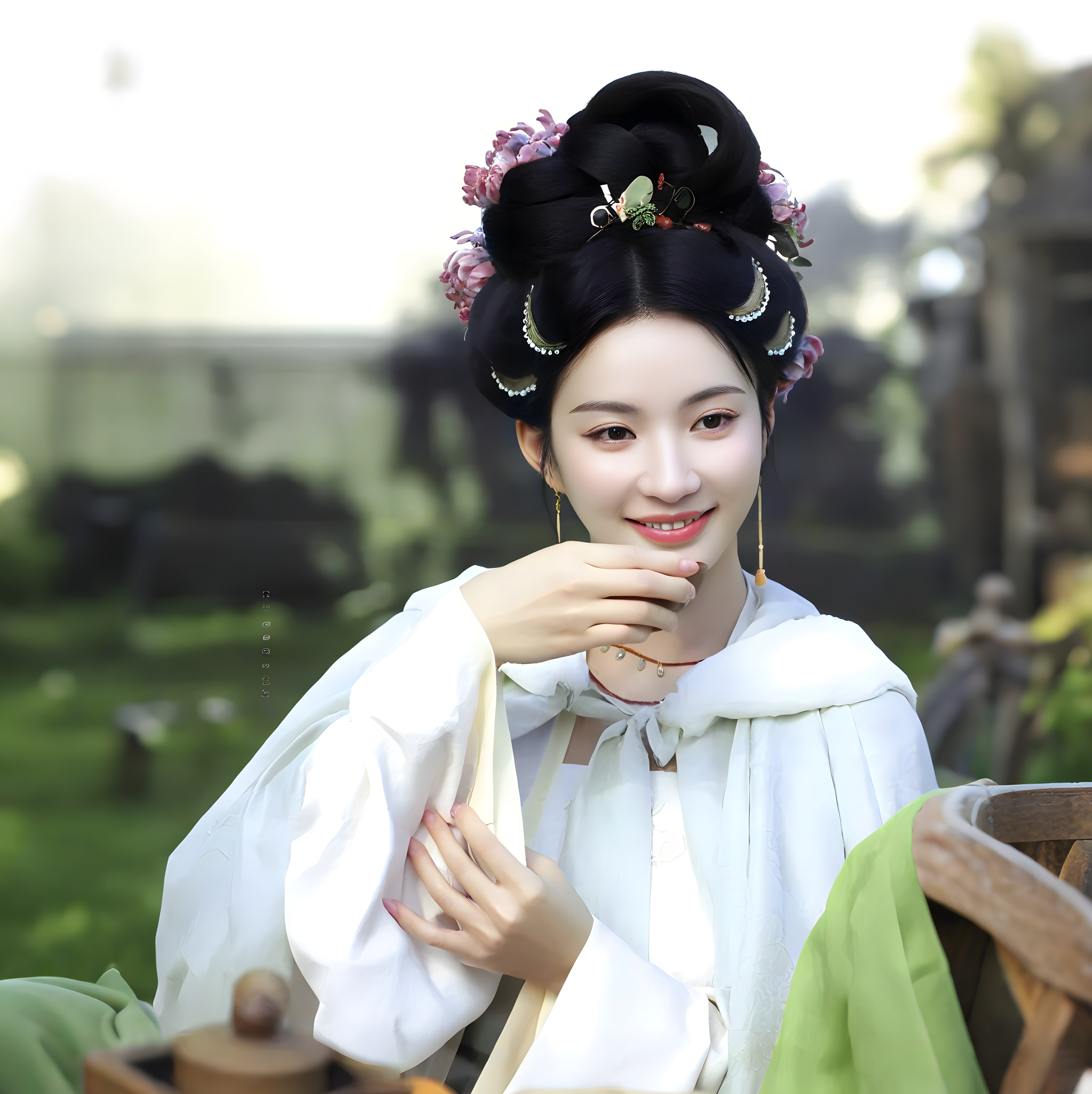 In the picture, there is a woman wearing Hanfu, adorned with classical **Ronghua (velvet flower)** hair ornaments. The Ronghua accessories in her hair, diverse in styles and rich in colors, perfectly match the traditional hair bun. Boasting soft color tones and exquisite craftsmanship, they blend seamlessly with Hanfu, fully showcasing the elegance of Oriental classical beauty. Moreover, these Ronghua hair ornaments, with their versatile designs, can complement various classical costumes, restoring the gentle, delicate texture and ancient charm of Ronghua, and helping you effortlessly create a poetic classical look.